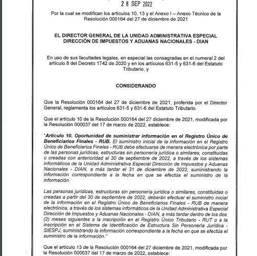 Ampliación plazos para suministrar información del RUB – Resolución 001240 28 de septiembre 2022