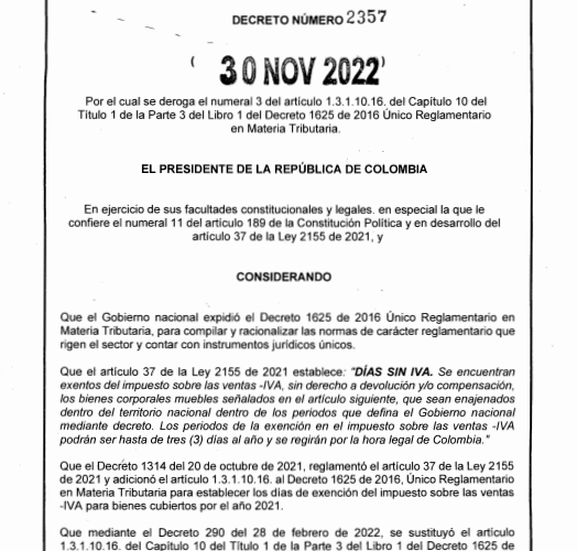 #Atención: Decreto 2357 – 30 de Noviembre 2022 Deroga la exención del día sin IVA